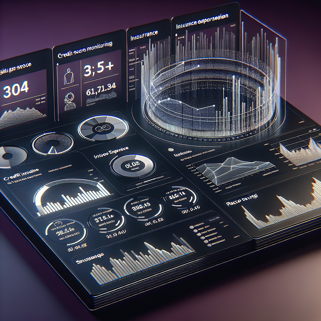 High resolution dashboard displaying layered metrics on credit health, insurance exposure, savings velocity and income distribution set against deep purple background for strategic decision making