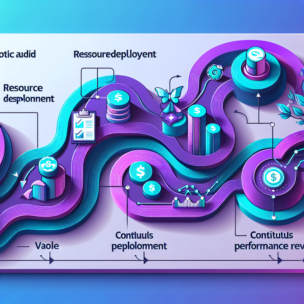 Dynamic financial journey infographic blending violet curves and turquoise icons to portray stages from diagnostic audit to resource deployment and continuous performance reviews