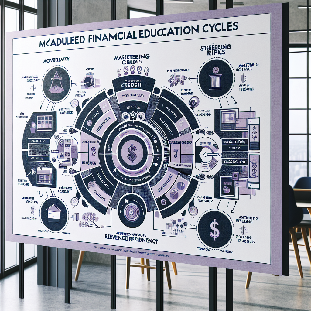 Detailed schematic board showing modular financial education cycles with violet accents guiding French learners through credit mastery, risk coverage, savings automation and resilient revenue steering inside modern workspace