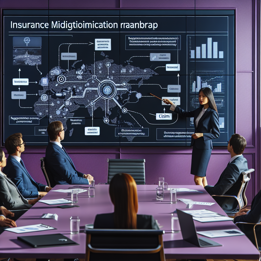 Consultant presenting insurance mitigation roadmap on large screen highlighting regulatory checkpoints, contingency funds and claim scenarios within refined violet meeting room