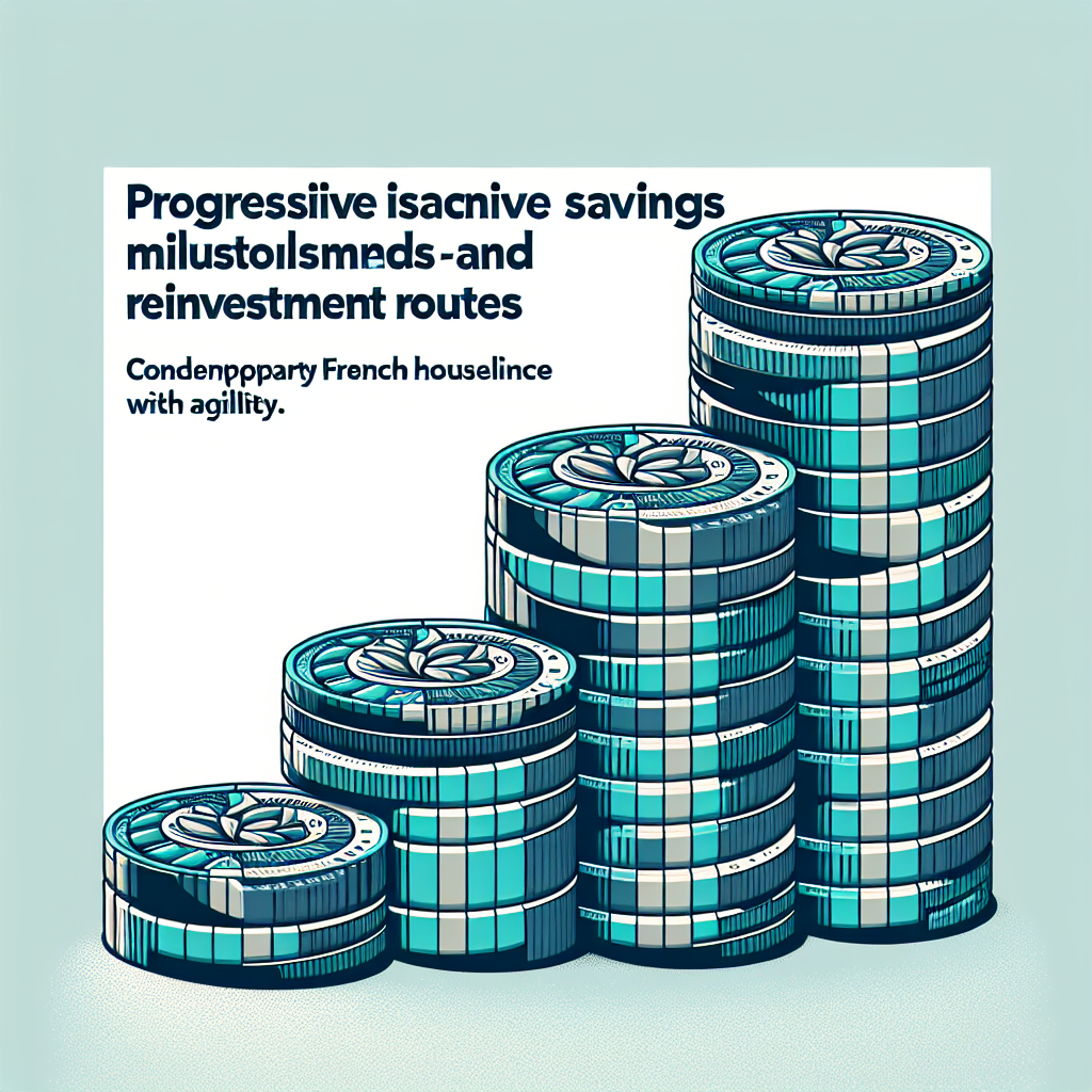 Stylized stack of turquoise and grey coins illustrating progressive savings milestones and reinvestment routes designed for contemporary French households pursuing agile financial resilience