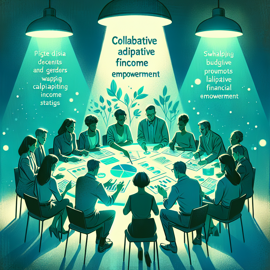 Facilitator leading intimate workshop where participants analyze budgetary data and share adaptive income strategies around luminous table enhanced by turquoise lighting to encourage collaborative financial empowerment